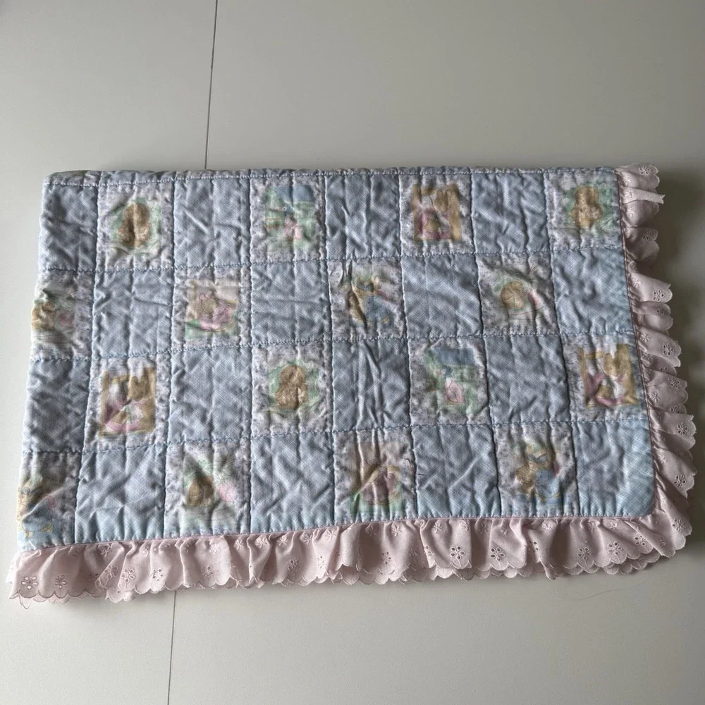 Handmade Cottage Core Baby Quilt Nursery Blanket Geese Rabbits Ducks VTG 29x43